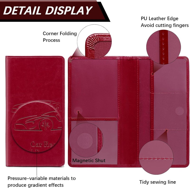 Peisicne Car Registration and Insurance Card Holder for Women Men, Red Glove Box Paperwork Organizer with Magnetic Buckle for Easy Access and Protect Documents and Various Cards in Vehicle - Image 5